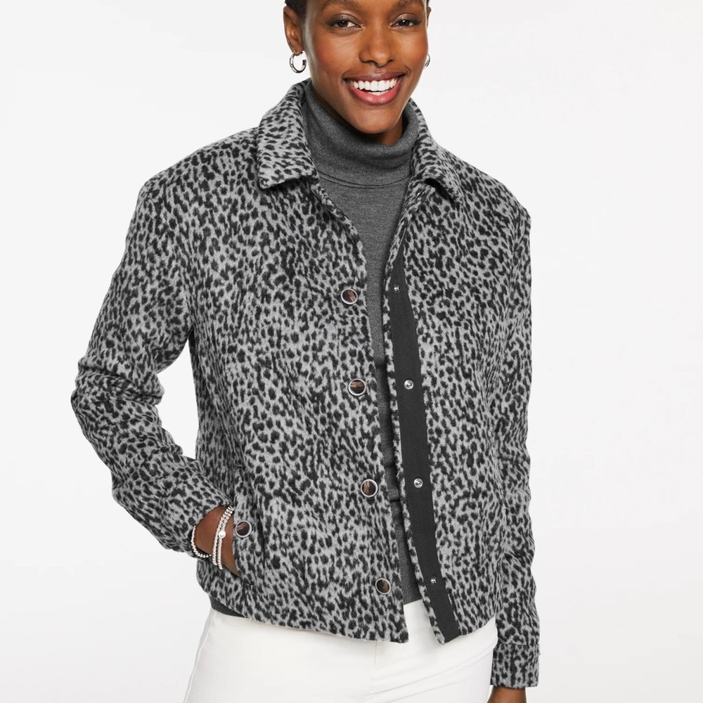 Talbots Gray Leopard Print Teddy Jacket